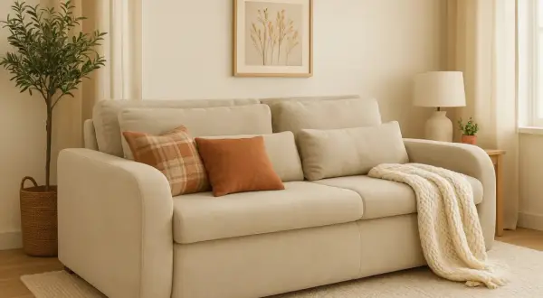 Sofá beige con cojines naranjas y manta tejida, perfecto para decorar sofá y crear un ambiente acogedor.