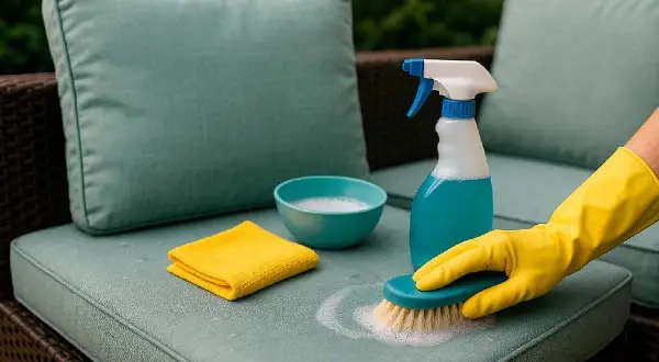 Mano con guante amarillo limpiando almohada de exterior con cepillo y espuma. Kit para limpiar almohadas en seco con spray y paño.