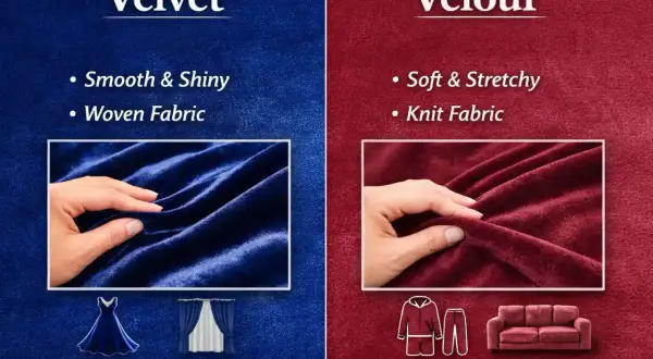 Velvetón es un tejido suave y brillante, ideal para vestidos de lujo y decoración. El velour, en cambio, es elástico y perfecto para ropa casual.