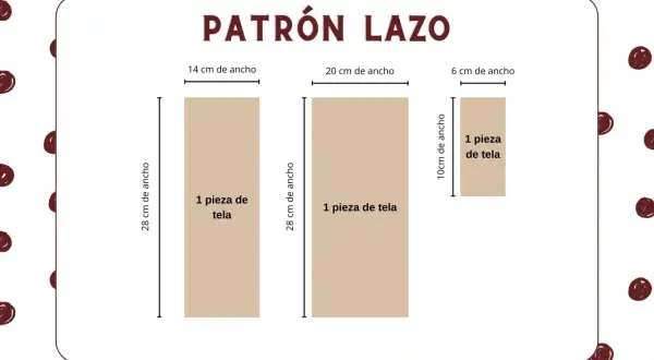 Patrón para como hacer un lazo de tela grande: tres piezas de tela de diferentes tamaños (28x14cm, 28x20cm, 10x6cm).