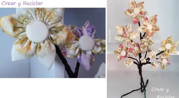 Flores de tela hechas a mano, perfectas para manualidades y decoración. Un árbol decorativo con flores de tela, ideal para crear un ambiente único.
