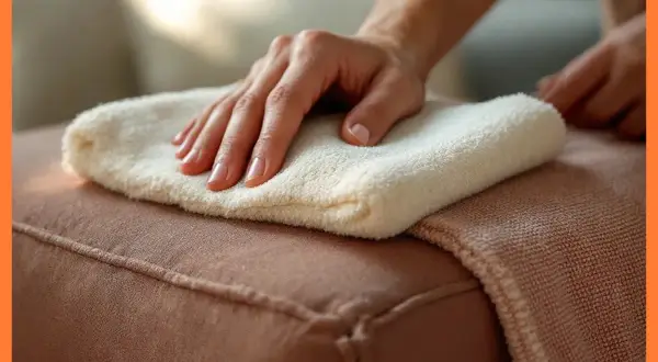 Mano limpiando un sofá de tela con un paño blanco. Aprende cómo limpiar un sofá de tela sin aspiradora para mantenerlo impecable.