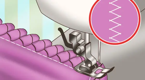 Máquina de coser rematando bordes de tela a mano con puntada zigzag. Detalle de puntada en círculo.