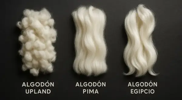 Tres tipos de algodón: Upland, Pima y Egipcio, mostrando sus distintas texturas y longitudes de fibra.