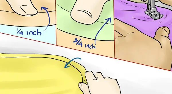 Pasos para como hacer un mantel redondo: dobladillo de 1/4 y 3/4 pulgada, luego coser con máquina.
