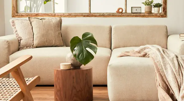 Sofá beige con cojines y manta. Mesa auxiliar de madera con planta y reloj. Ideas para limpia tapicerias casero.