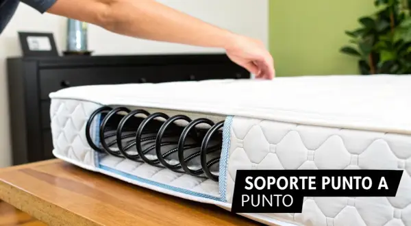 Un colchón muestra su interior con resortes negros, explicando qué significa muelles ensacados para un soporte ideal.