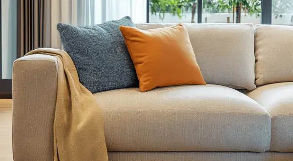 Sofá de tela beige con cojines azul y naranja. Un chal color camel cuelga del brazo. Ideal para aprender como limpiar sofa de tela.