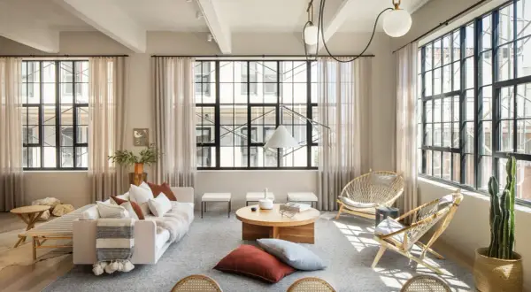 Un salón estilo industrial nórdico con sofá blanco, mesas de centro de madera, sillas de ratán y grandes ventanales.