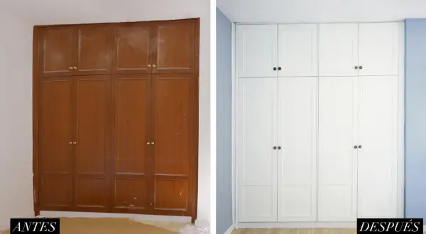 Armario empotrado antes y después de pintar. El mueble de madera oscura se transforma en un armario blanco moderno y luminoso.