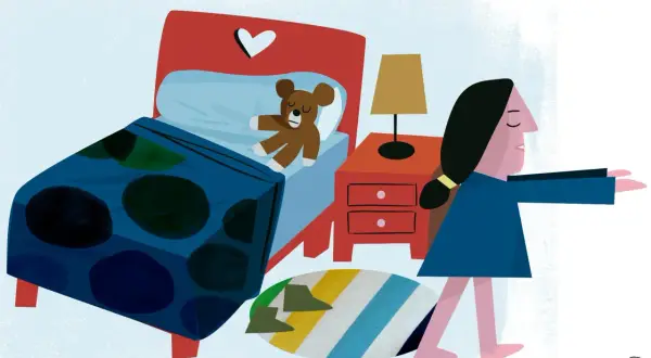 Una niña camina con los ojos cerrados, como si fuera sonámbula, mientras su osito duerme en la cama.