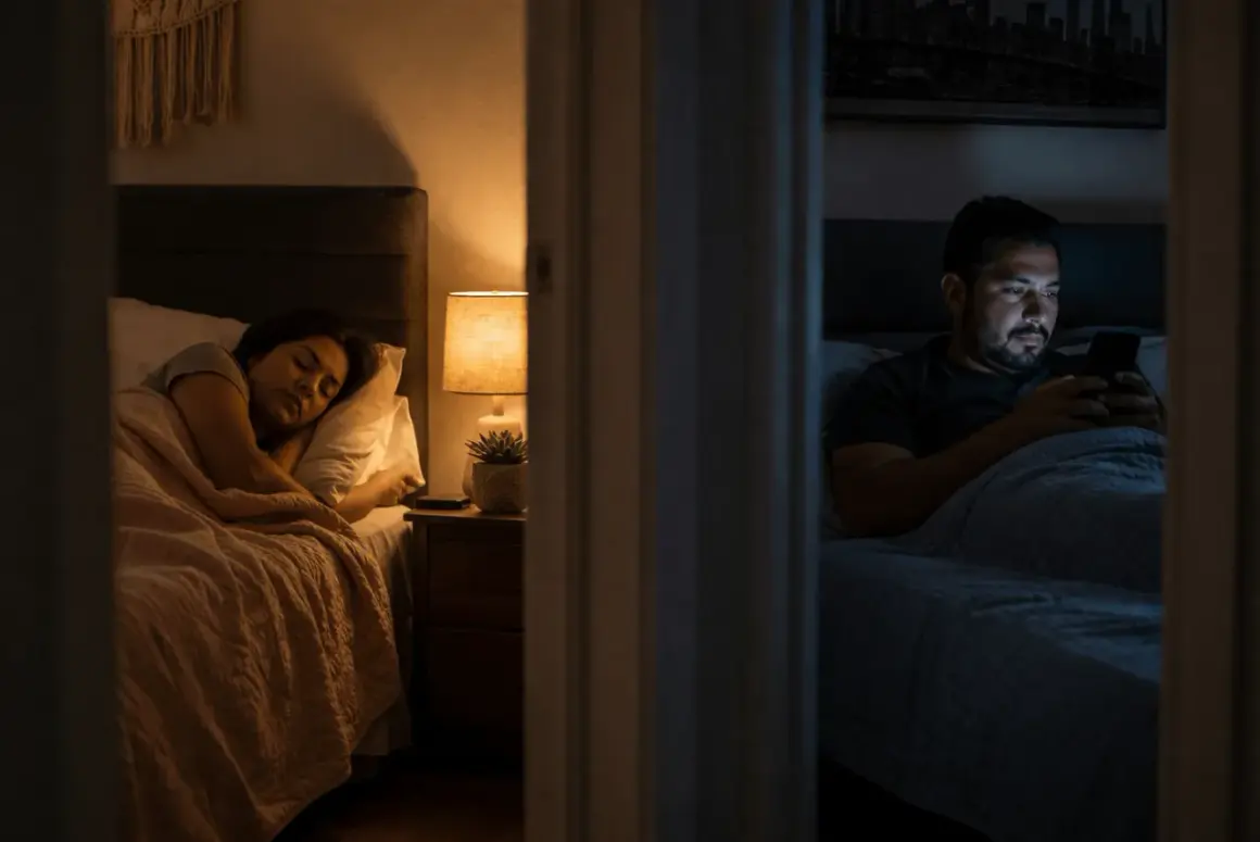 Una mujer duerme plácidamente mientras un hombre, en otra cama, mira su móvil. ¿Dormir juntos o separados?