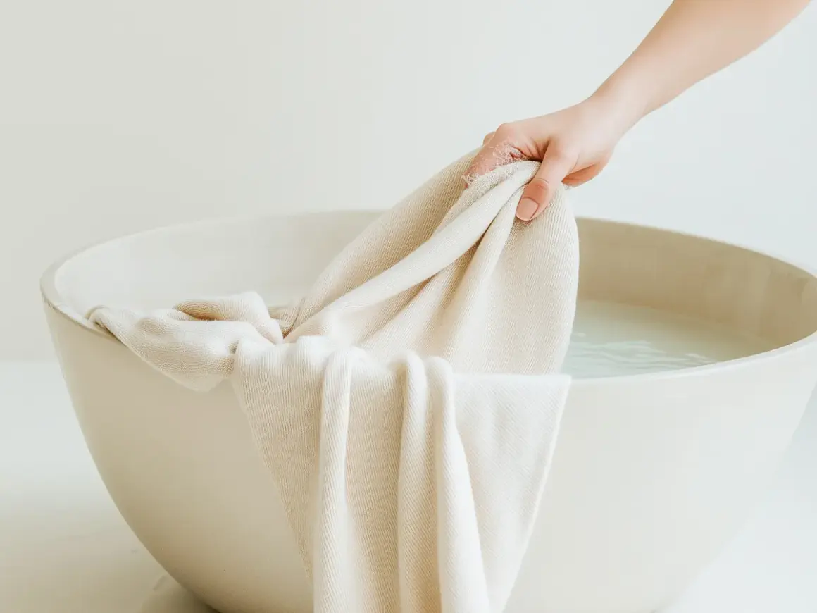 Mano sumerge tela clara en agua para lavar ropa blanca.