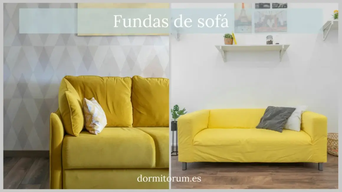 Dos sofás amarillos, uno con cojines y otro con funda. Aprende como hacer una funda de sofá para renovar tu salón.