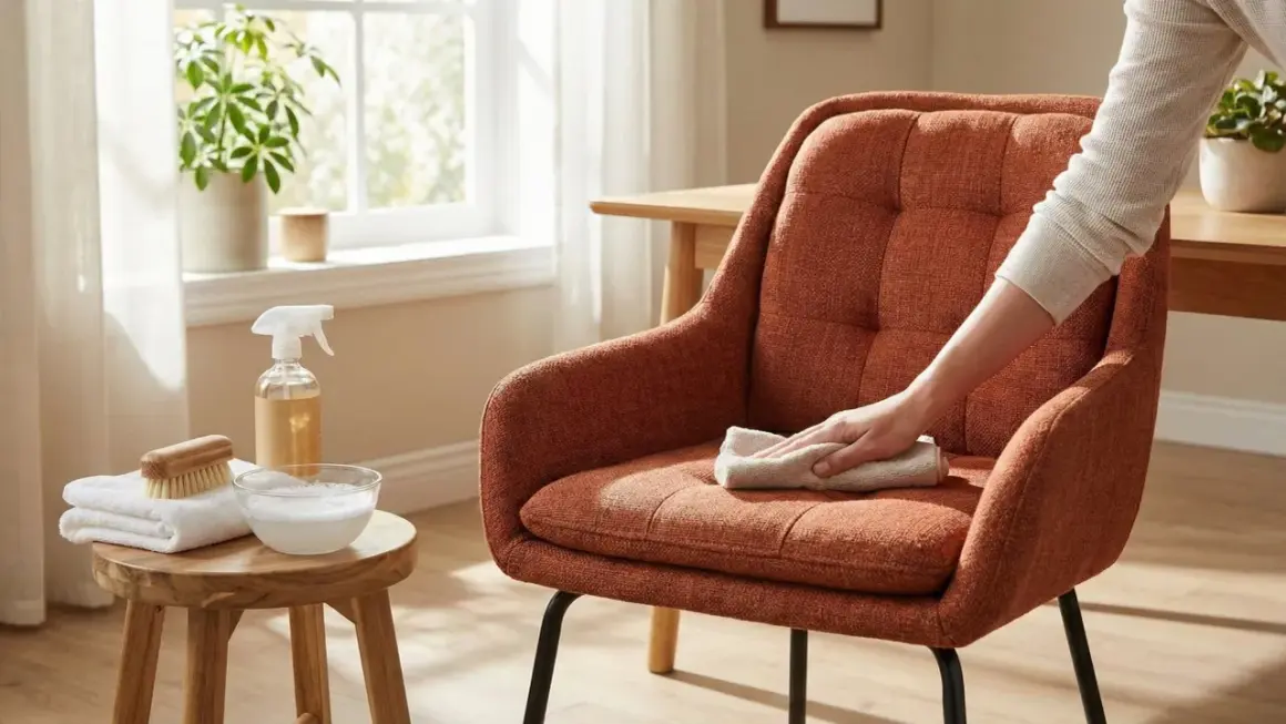 Persona limpia una silla tapizada naranja con un paño. Se ven productos de limpieza, incluyendo amoniaco, y un cepillo.