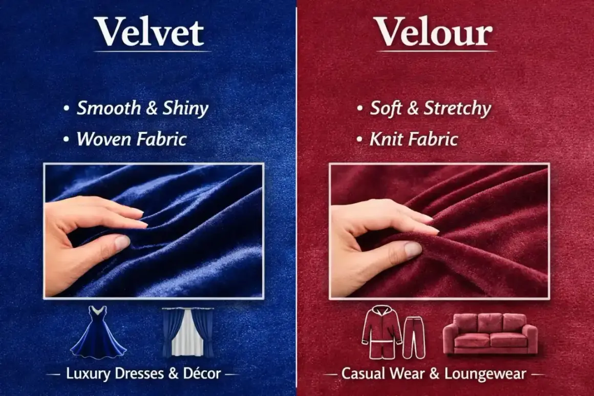 Velvetón es un tejido suave y brillante, ideal para vestidos de lujo y decoración. El velour, en cambio, es elástico y perfecto para ropa casual.