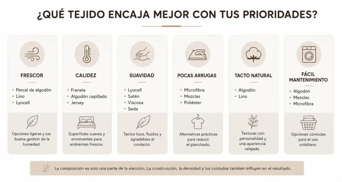 Guía de tipos de fibra textil: frescor, calidez, suavidad, pocas arrugas, tacto natural y fácil mantenimiento.