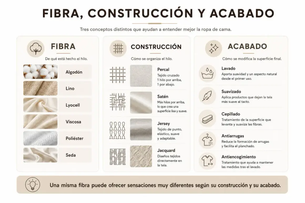 Infografía sobre fibra, construcción y acabado de textiles. Muestra usos del algodón, lino, lyocell, viscosa, poliéster y seda.