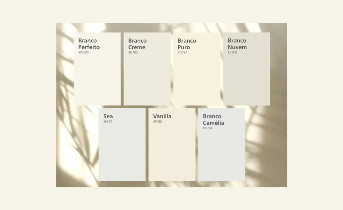 Muestras de pintura que ilustran la diferencia entre blanco y blanco roto, con nombres como "Branco Perfeito" y "Vanilla".