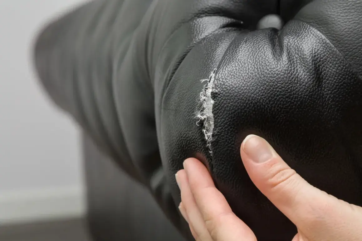 Mano examinando un desgarro en cuero negro, mostrando la necesidad de reparar cuero agrietado.