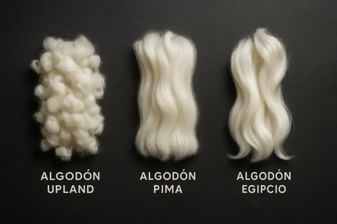 Tres tipos de algodón: Upland, Pima y Egipcio, mostrando sus distintas texturas y longitudes de fibra.