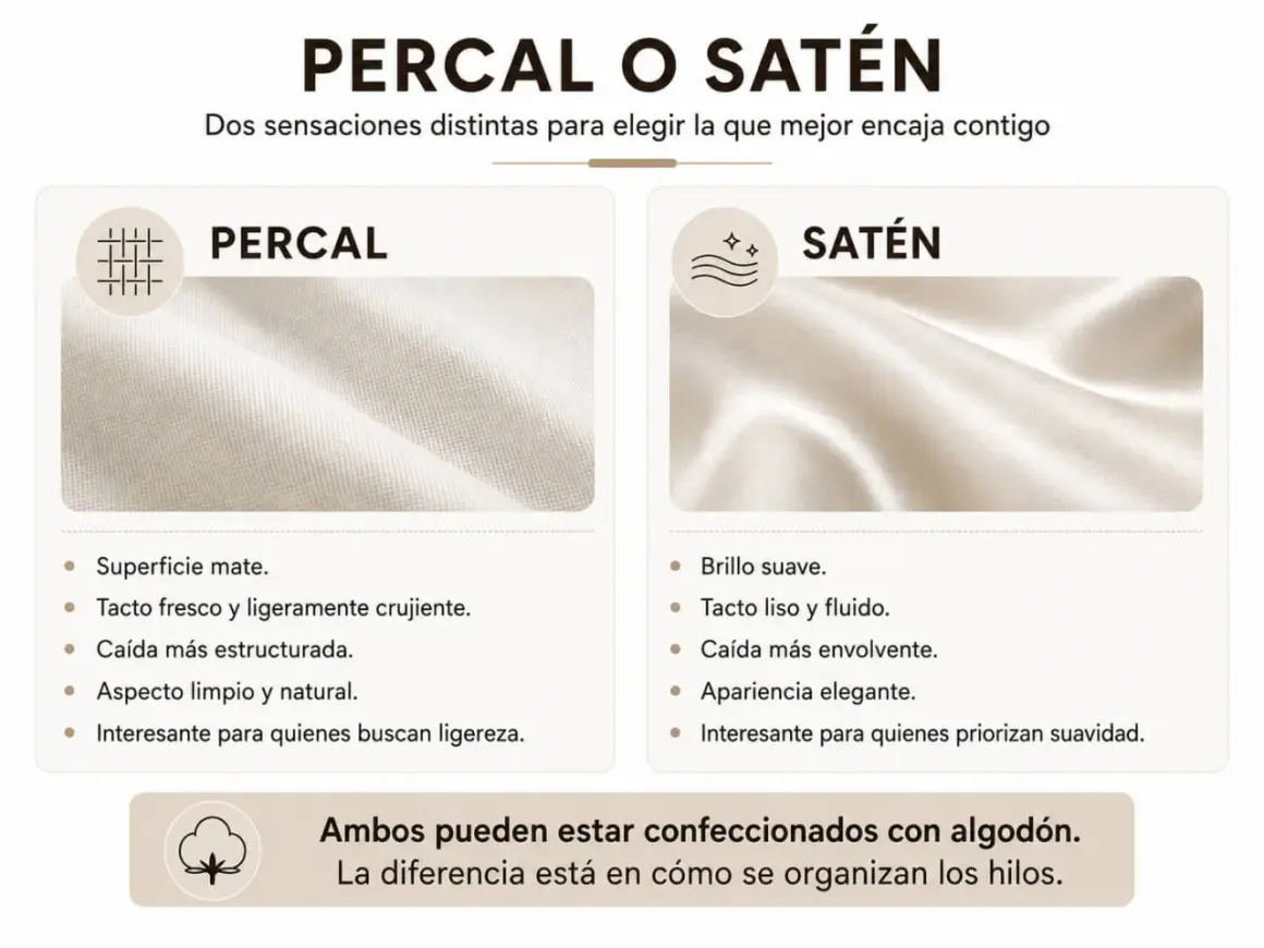 Comparación de percal y satén, un tejido parecido al raso. El percal es mate y crujiente, el satén es brillante y fluido.