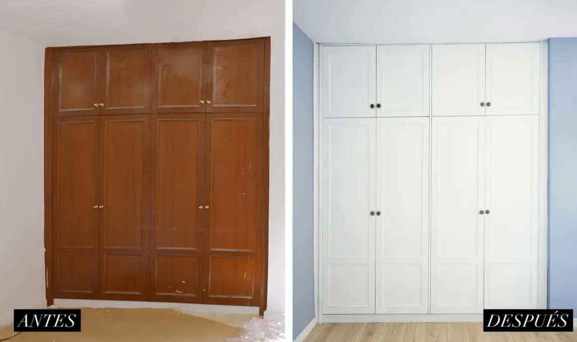 Armario empotrado antes y después de pintar. El mueble de madera oscura se transforma en un armario blanco moderno y luminoso.