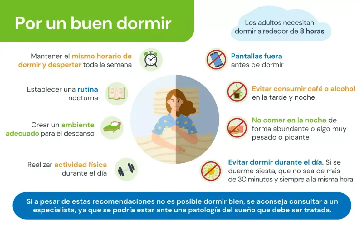 Consejos para dormir bien: rutina, ambiente, ejercicio, evitar pantallas, café, alcohol y cenas pesadas. Si no duermes bien, consulta a un especialista.