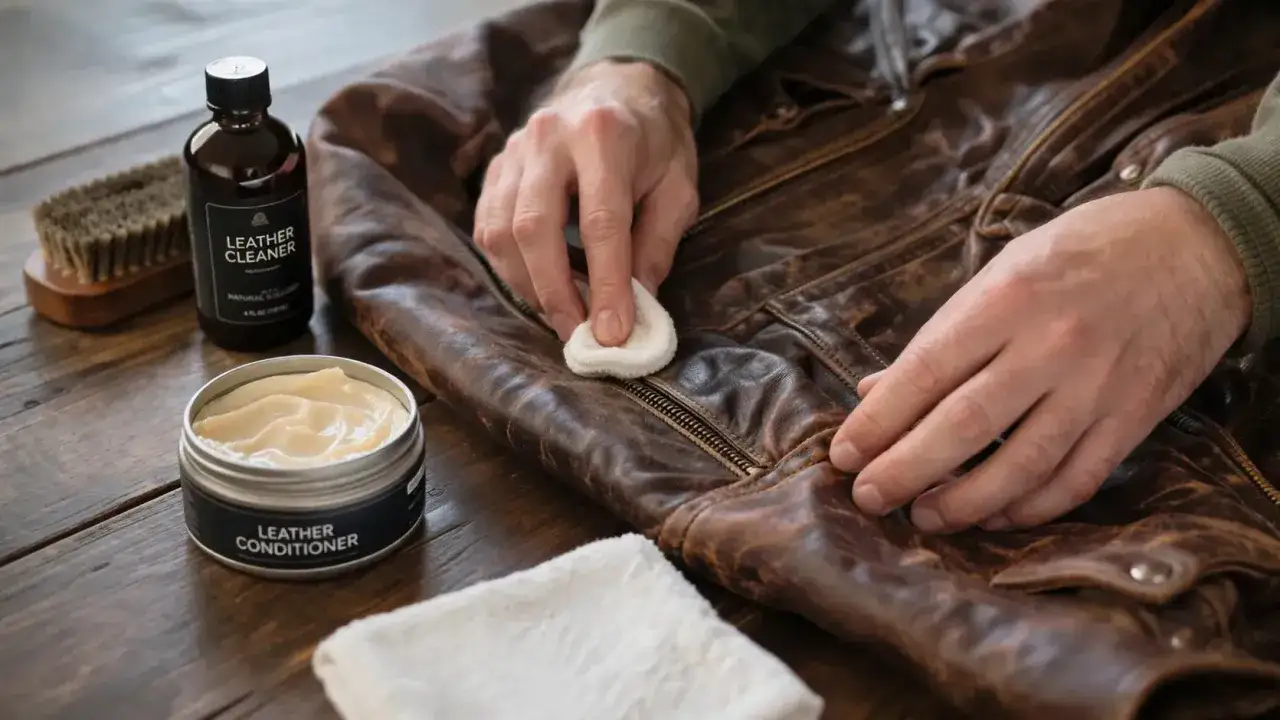 Man limpia una chaqueta de cuero marr&oacute;n con un pa&ntilde;o. Productos para el cuidado del cuero, como limpiador y acondicionador, est&aacute;n a la vista, sugiriendo c&oacute;mo quitar el olor a cuero.