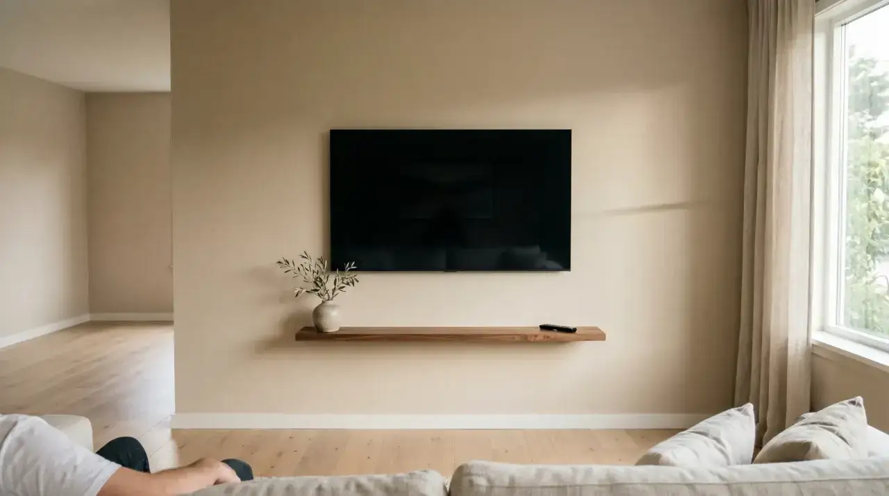 Estilo minimalista para la decoraci&oacute;n pared TV sal&oacute;n: televisor negro flotante sobre repisa de madera con jarr&oacute;n y mando.