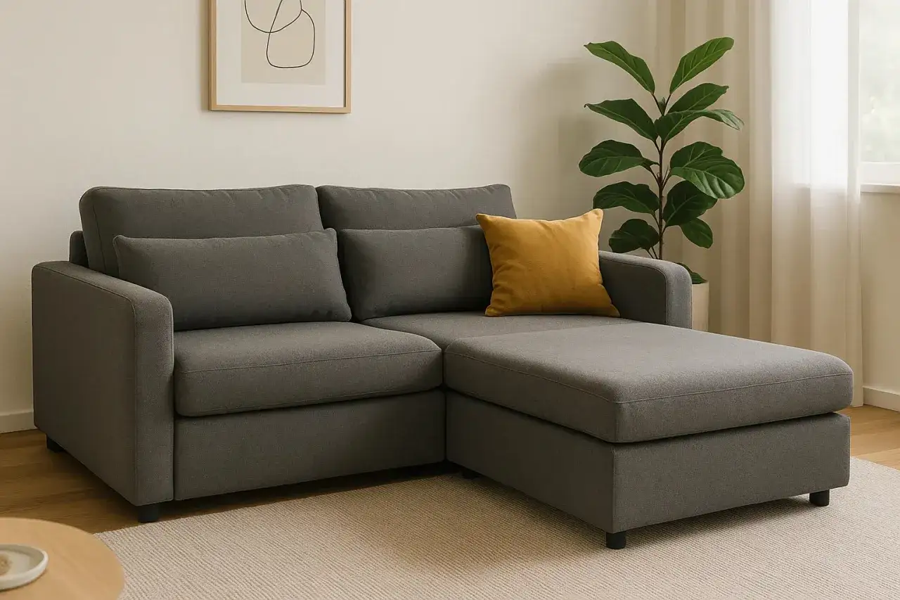 Sof&aacute; modular gris oscuro con coj&iacute;n amarillo. Un proyecto para te&ntilde;ir sof&aacute; y darle un nuevo look.