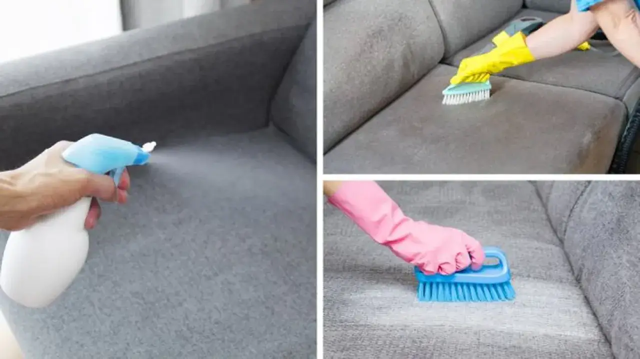 Manos con guantes roc&iacute;an y cepillan un sof&aacute; de ante gris. Aprende como limpiar sofa de ante para dejarlo como nuevo.