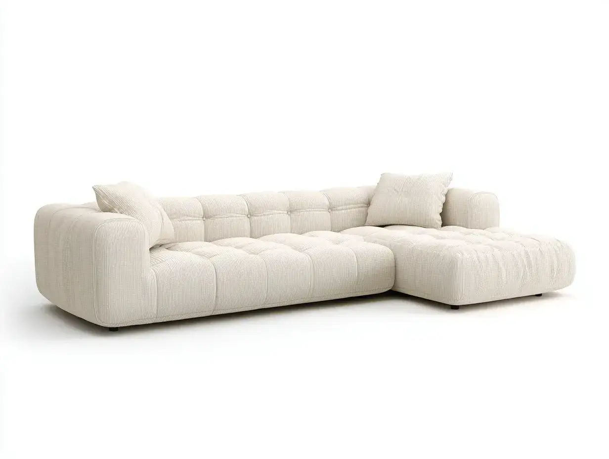 Sof&aacute; seccional blanco con dise&ntilde;o capiton&eacute;, que es una t&eacute;cnica de tapicer&iacute;a con botones para crear un efecto acolchado y elegante.