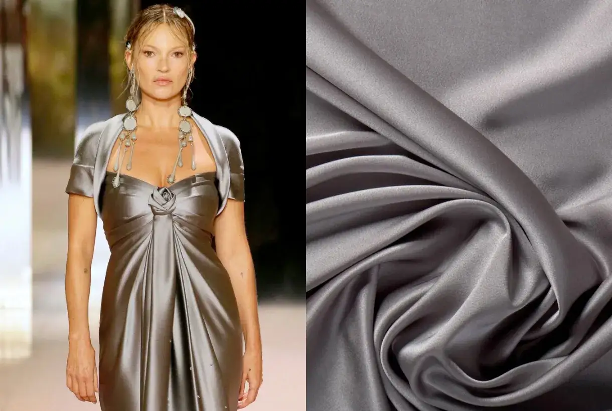 Kate Moss luce un vestido plateado de tejido parecido al raso. A su lado, un detalle del mismo tejido con pliegues elegantes.