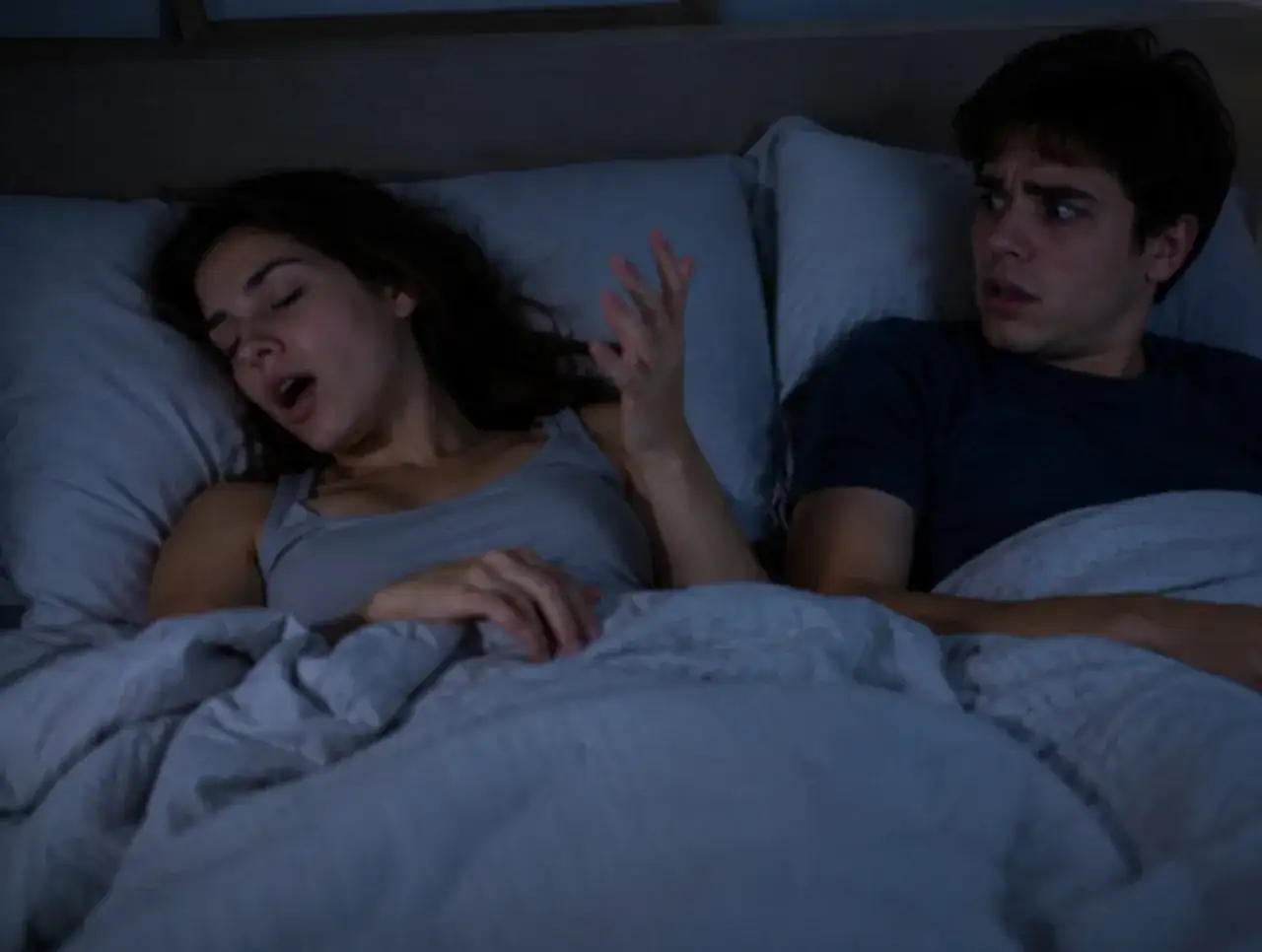 Una pareja en la cama. Ella habla en sueños, con la boca abierta y una mano levantada. Él la mira con sorpresa.