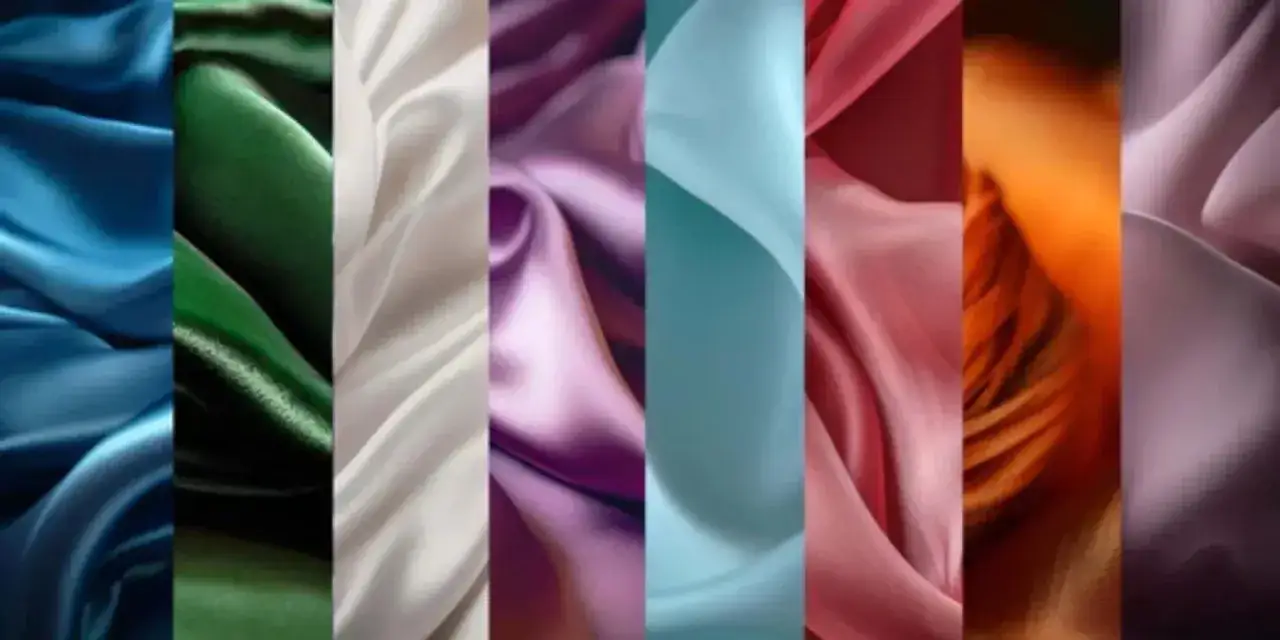 Telas de seda en tonos vibrantes: azul, verde, blanco, morado, turquesa, rosa, naranja y lila. Un tejido de lana muy fino y algo brillante.