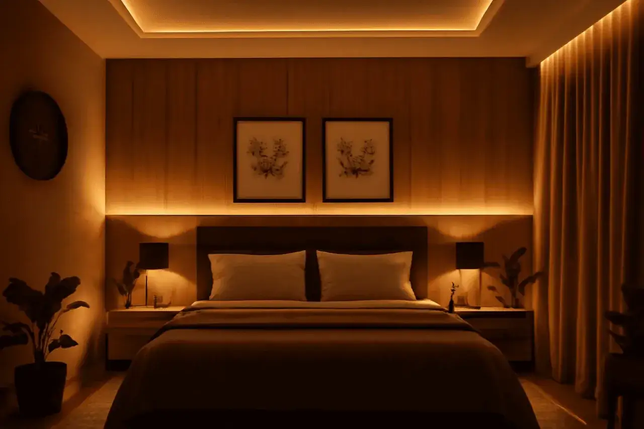 Habitación acogedora con cama doble, cuadros botánicos y luz cálida. Ideal para quienes se preguntan porque me despierto a las 4 de la mañana.
