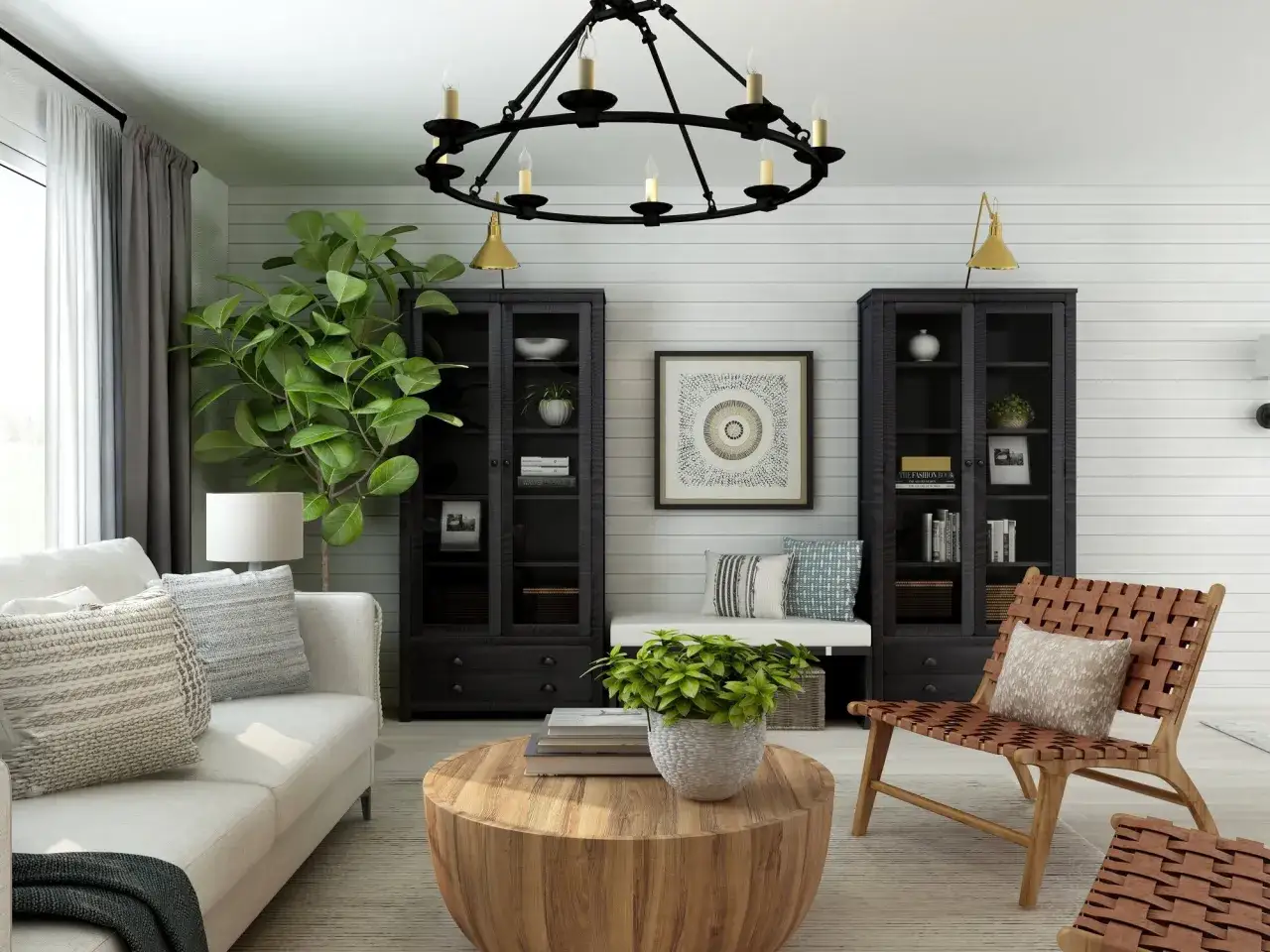 Elegante sal&oacute;n con sof&aacute; blanco, mesa de centro de madera y dos vitrinas oscuras. La decoraci&oacute;n logra un equilibrio perfecto al combinar muebles blancos y madera oscura.