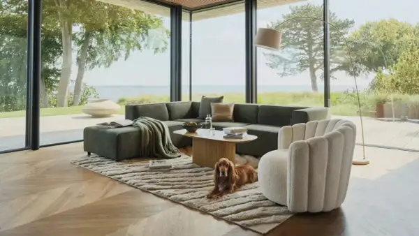 Un perro descansa junto a un sofá modular verde y un sillón blanco, mostrando la diferencia entre butaca y sillón en un salón moderno con vistas al mar.