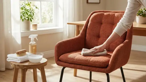 Persona limpia una silla tapizada naranja con un paño. Se ven productos de limpieza, incluyendo amoniaco, y un cepillo.