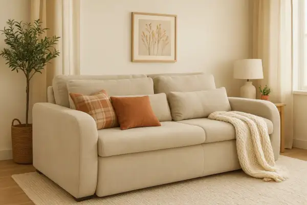 Sofá beige con cojines naranjas y manta tejida, perfecto para decorar sofá y crear un ambiente acogedor.