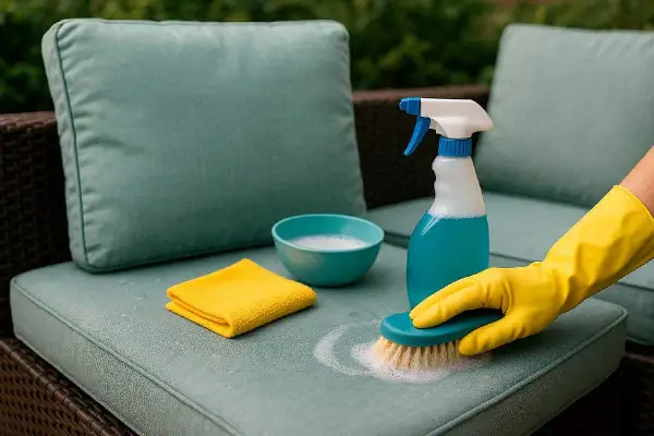 Mano con guante amarillo limpiando almohada de exterior con cepillo y espuma. Kit para limpiar almohadas en seco con spray y paño.