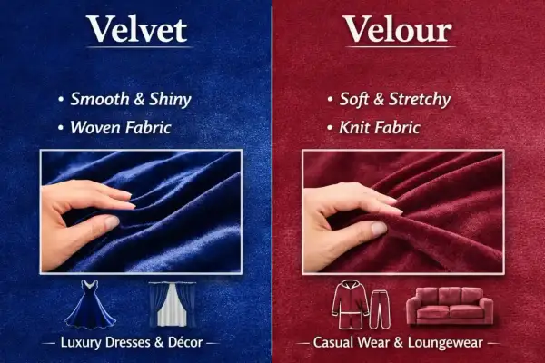 Velvetón es un tejido suave y brillante, ideal para vestidos de lujo y decoración. El velour, en cambio, es elástico y perfecto para ropa casual.