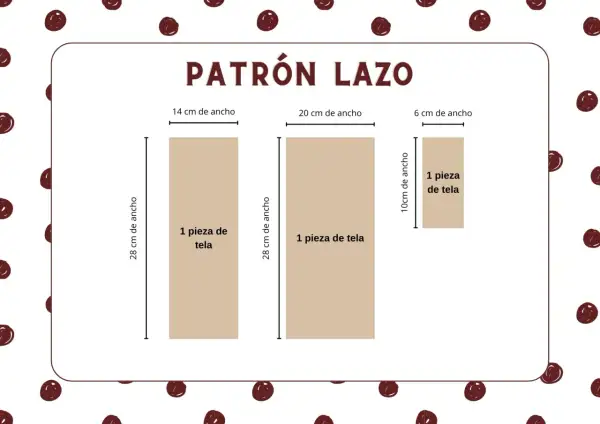Patrón para como hacer un lazo de tela grande: tres piezas de tela de diferentes tamaños (28x14cm, 28x20cm, 10x6cm).
