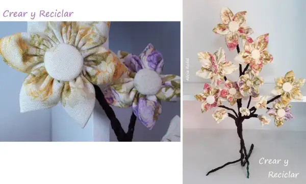 Flores de tela hechas a mano, perfectas para manualidades y decoración. Un árbol decorativo con flores de tela, ideal para crear un ambiente único.