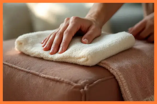 Mano limpiando un sofá de tela con un paño blanco. Aprende cómo limpiar un sofá de tela sin aspiradora para mantenerlo impecable.
