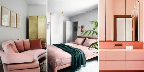 Sofá curvo rosa palo, cama con manta verde y baño moderno. Una paleta que sabe combinar rojo y rosa palo con elegancia.