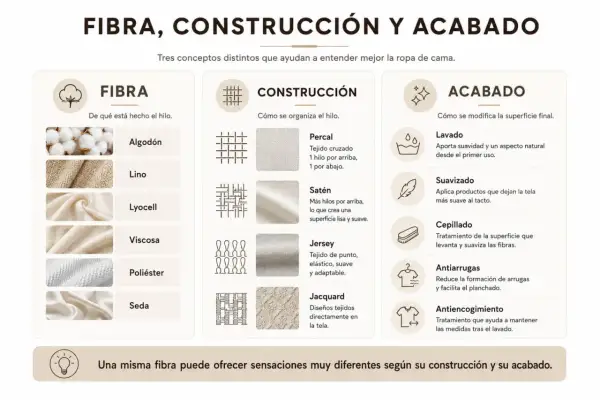 Infografía sobre fibra, construcción y acabado de textiles. Muestra usos del algodón, lino, lyocell, viscosa, poliéster y seda.