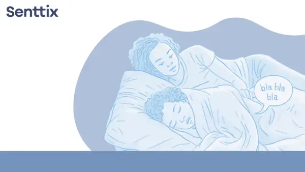 Una pareja duerme abrazada. Uno de ellos habla en sueños, diciendo "bla bla bla", quizás explicando por que se habla en sueños.