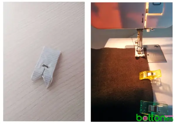 Máquina de coser trabajando sobre polipiel marrón, sujetada con clips.